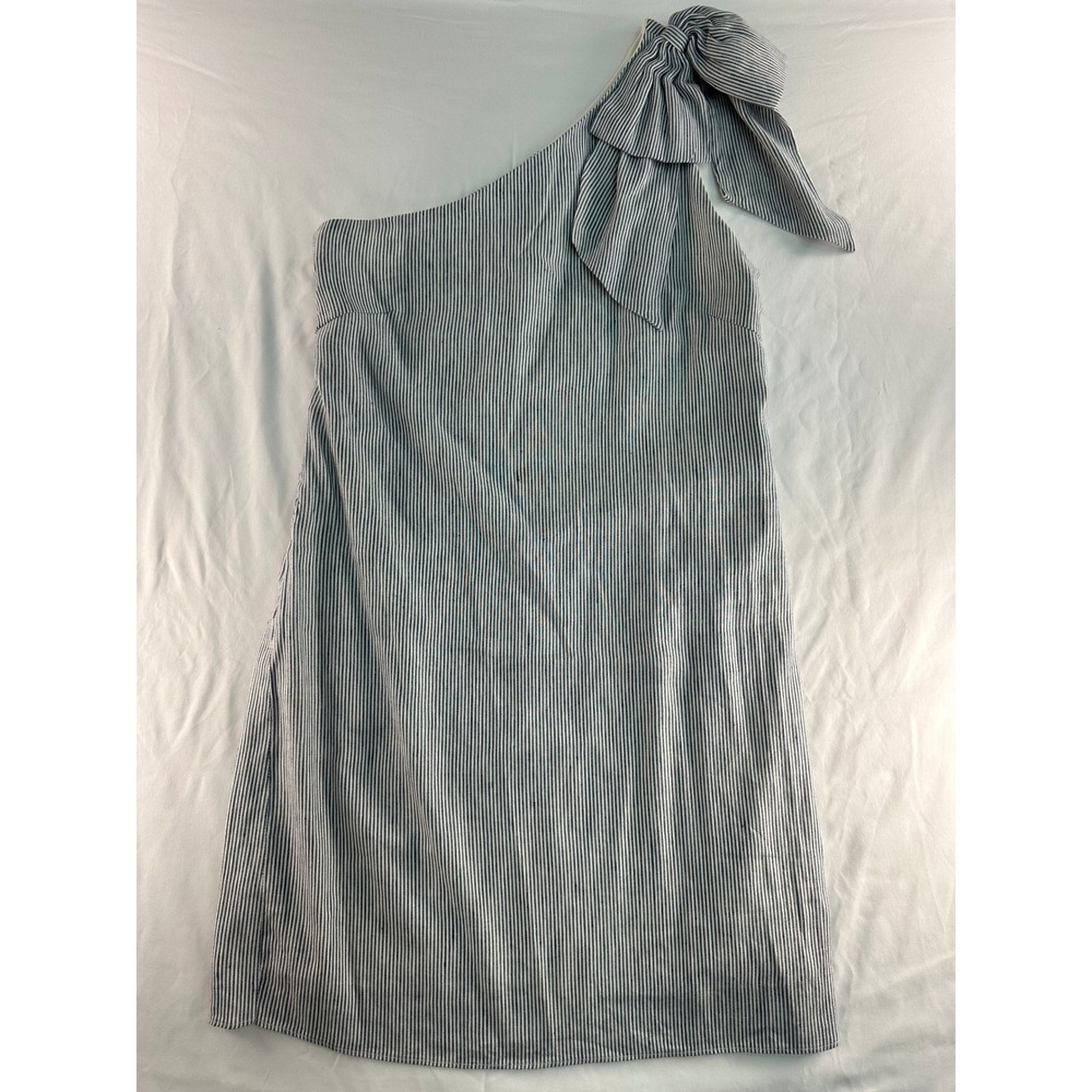 Antonio Melani One Shoulder Seersucker Bow Dress Blue White Stripe Size 12